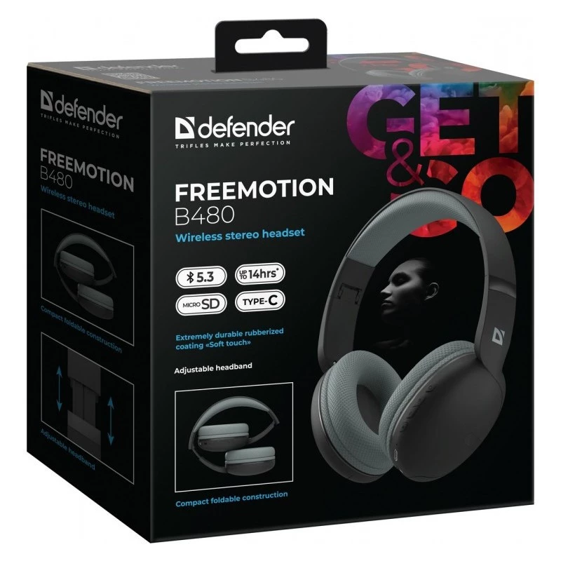 Defender FreeMotion B480 63480 draadloze on-ear koptelefoon, Bluetooth 5.3, USB-C, AUX, microSD, tot 14 uur, 20-20000 Hz, zwart