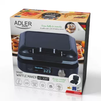 Wafelijzer Adler AD 3087 — elektrisch Belgisch wafelijzer, 2200 W, 2 rechthoekige platen 9×17 cm, zwart
