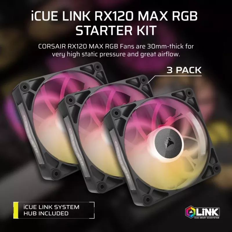 Corsair iCUE LINK RX120 MAX ARGB 120mm behuizingsventilator 3-pack zwart