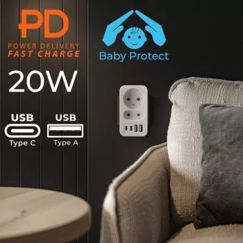 Power splitter MACLEAN MCE249 F/W – 2x stopcontacten (16A + 6A) en 4x USB (2x A, 2x C PD 20W)