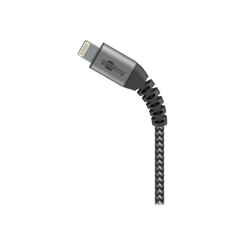 Goobay 49269 USB-A-naar-Lightning-kabel, 2 m, textielomhulling, metalen stekkers, MFi-gecertificeerd, USB 2.0, spacegrijs/zilver