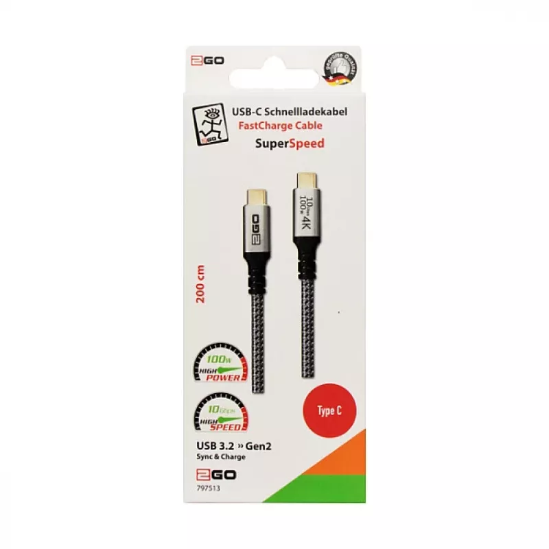 USB-kabel 2GO 797513 USB 3.2 Gen 2 2 m USB-C zilver