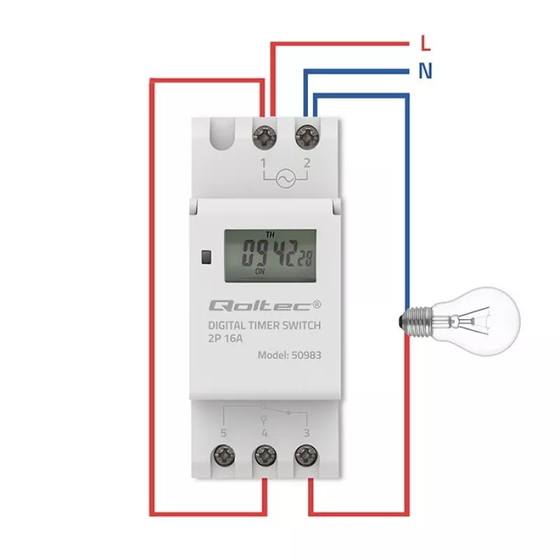 DIN-rail elektronische tijdschakelaar QOLTEC 50983, batterijgevoed, voor automatiseringsschakelingen