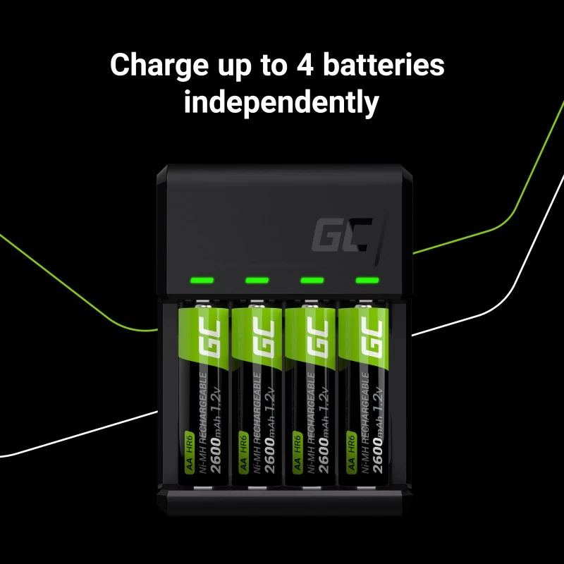Lader Green Cell GC VitalCharger met 4× AA 2000mAh NiMH-accu's