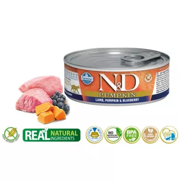 Natvoer voor katten Farmina N&D pompoen lam met bosbes zak 70 g — graanvrij recept voor volwassen katten