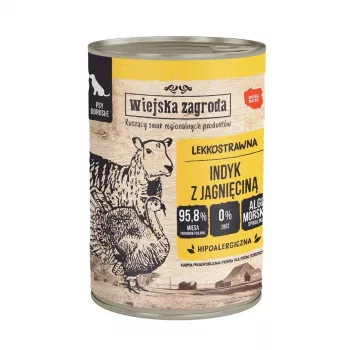 Nathundervoer voor honden wiejskazagroda kalkoen met lam 400 g, graanvrij, glutenvrij, volledig voer