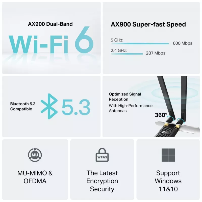 Wi‑Fi 6 Bluetooth PCIe-adapter TP‑LINK Archer TX10E AX900 — PCIe‑kaart, AX900 Wi‑Fi 6, Bluetooth