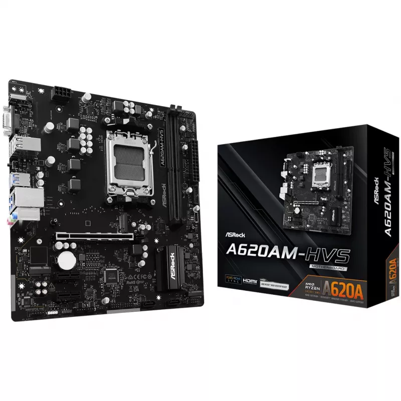 Moederbord ASRock A620AM-HVS Micro ATX — AMD A620A-chipset, socket AM5, DDR5, 2 DIMM, tot 128 GB, HDMI 2.1, M.2 2280