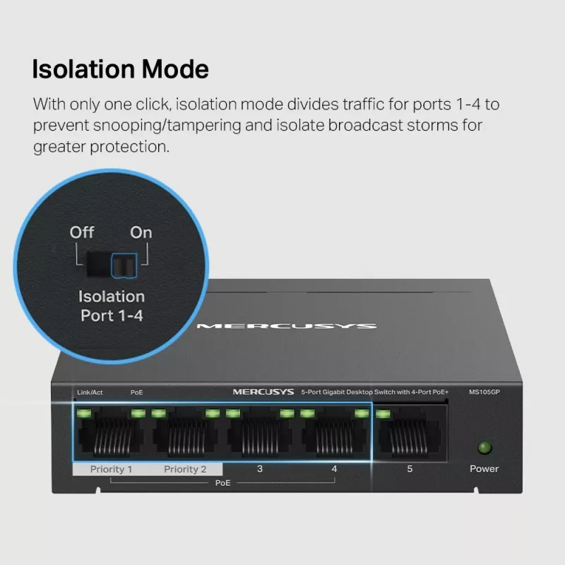 Mercusys 5-poorts Gigabit desktop switch met 4-poorts PoE+