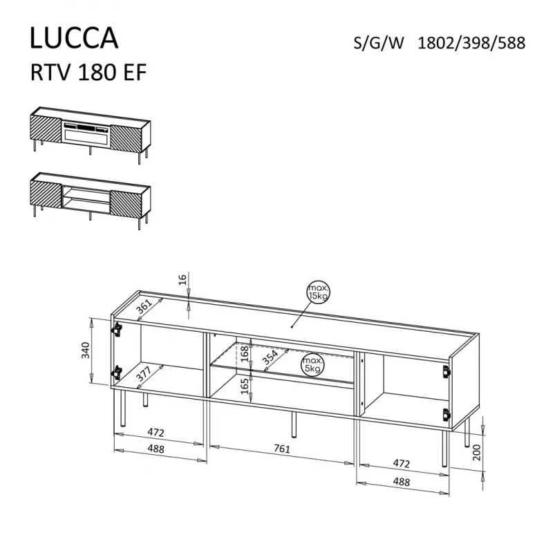 TV-kast cama meble LUCCA 180x40x59 cm — wit spaanplaat blad, witte behuizing