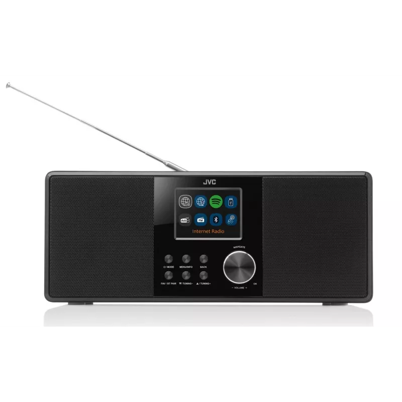 Internetradio JVC RA-E981B — Wi‑Fi- & Bluetooth-streaming, DAB+, FM, 2x5W, 40 zendergeheugens, USB, AUX, LCD-display
