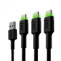 Green Cell Ray KABGCSET02 USB-A-naar-USB-C-kabelset (3 st.), 1,2 m, 480 Mbps, groene LED-verlichting
