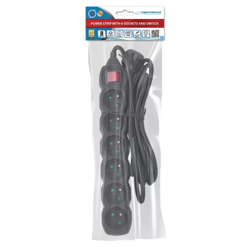 Esperanza ELK218K stroomverlenging 3 m 6 AC-stopcontact(en) binnen zwart