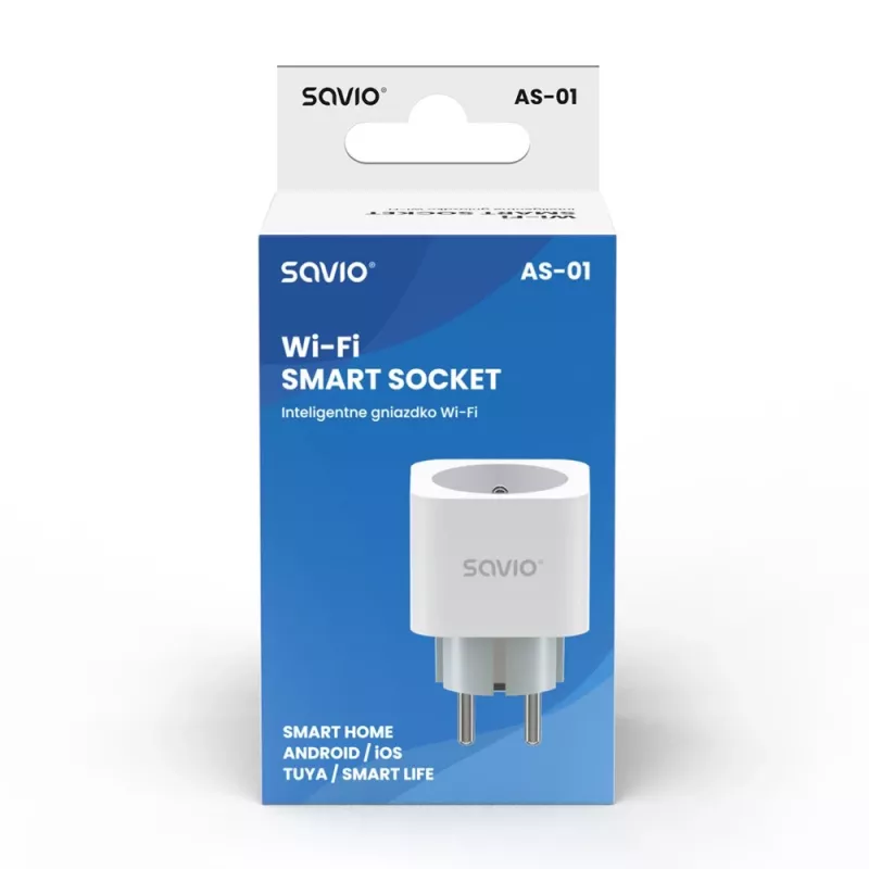 Slim stopcontact SAVIO AS-01 16A Wi-Fi 2,4 GHz, stekker type E/F, 220–240 V, 3680 W, wit