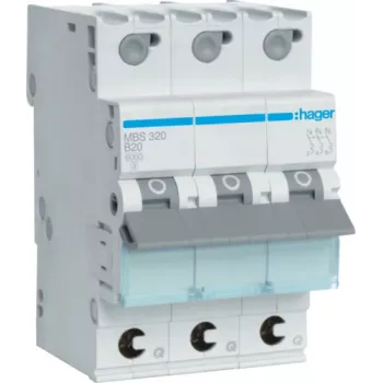 Hager MBS320. Nominale stroom: 20 A. Type: B-karakteristiek, aantal modules (max): 3 modules. Breedte: 52,5 mm, diepte: 70 mm, hoogte: 83,4 mm (MBS320)