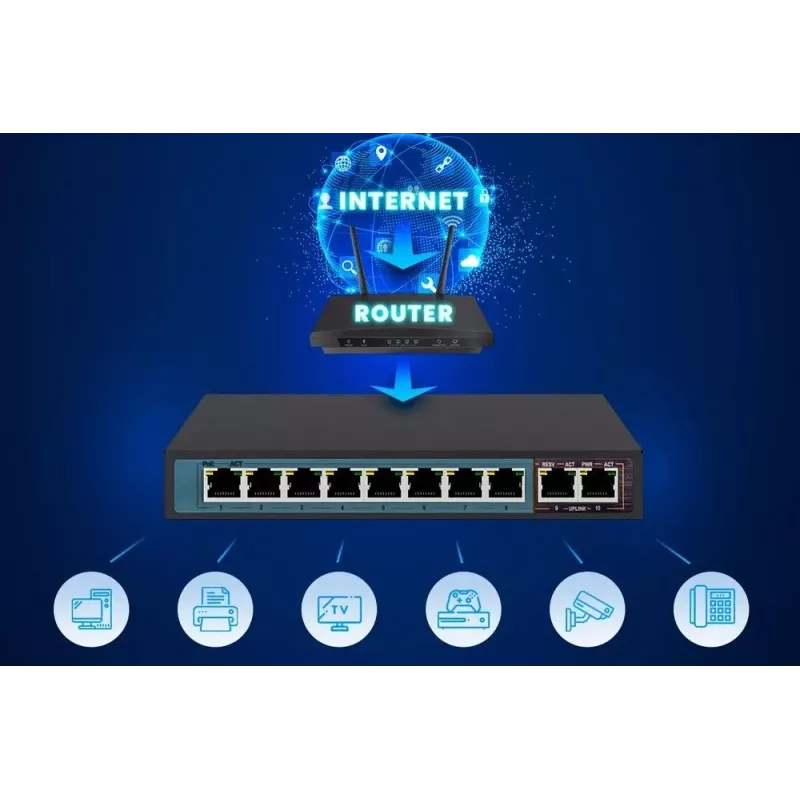 Extralink PoE-switch CERES 8x 100Mb/s PoE/PoE+, 2x RJ45 uplink 100Mb/s, 96W