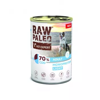 Natte voeding voor honden VETEXPERT Raw Paleo Cod Light Adult, blik 400 g, vissmaak, 11,3% eiwit, 1,7% vet
