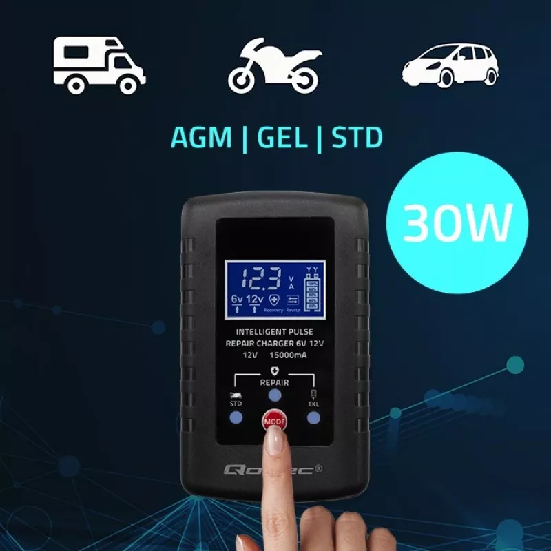 Acculader QOLTEC 52426 voor AGM-/GEL-/standaard-accu's 6V/12V 2A met LED-indicatie