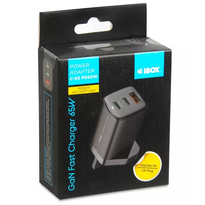 iBOX C-65 zwart, universele GaN-65W-oplader met UK-stekker