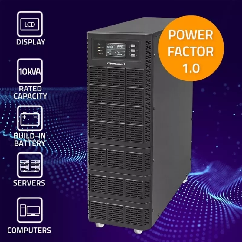 Qoltec 52284 UPS noodstroomvoorziening | 10kVA | 10000W | arbeidsfactor 1,0 | LCD | EPO | USB | online