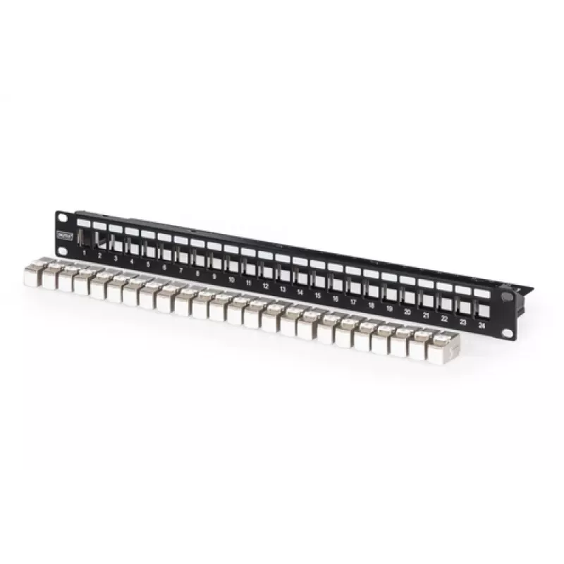 Modulair patchpanel, 24-poorts, voorzien van 24x DN-93615 (zwart, 1 HE, rack mount, afgeschermd)