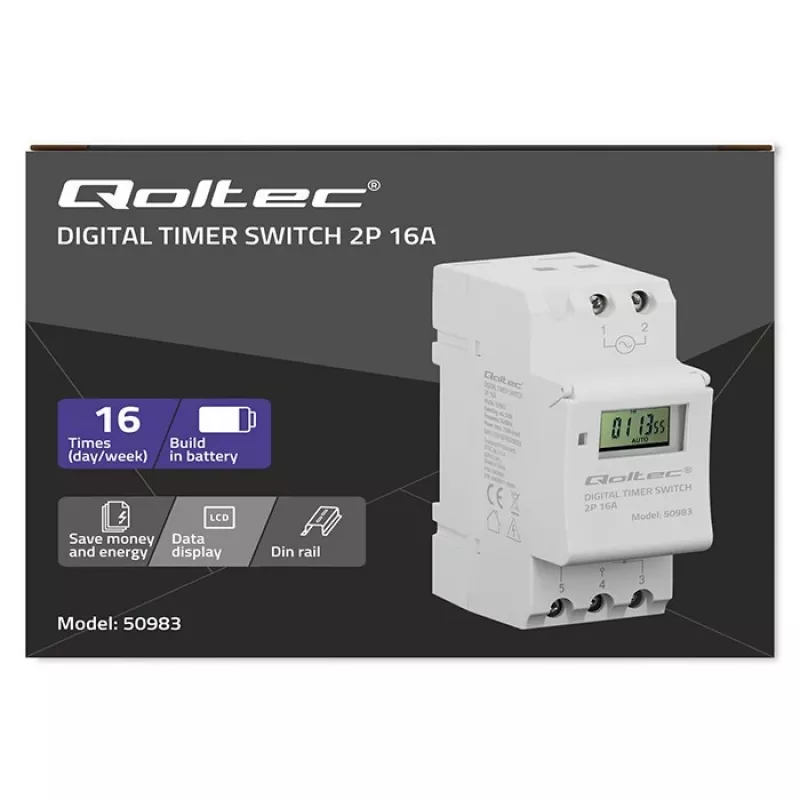 DIN-rail elektronische tijdschakelaar QOLTEC 50983, batterijgevoed, voor automatiseringsschakelingen