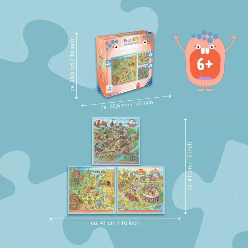 Puzzel UP geschiedenis - steentijd, Oude Rome, middeleeuwen 100, 121 en 144 stukjes