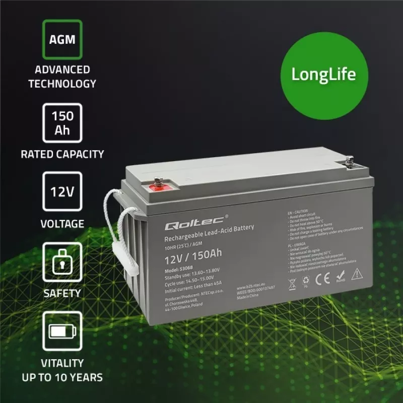 Qoltec 53068 AGM-batterij | 12V | 150Ah | max. 2250A