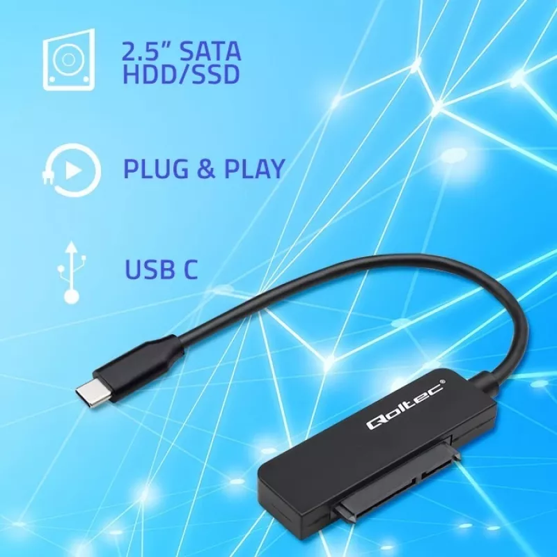 QOLTEC SATA-adapter 52269 voor 2,5-inch drive naar USB-C, ondersteunt tot 2 TB