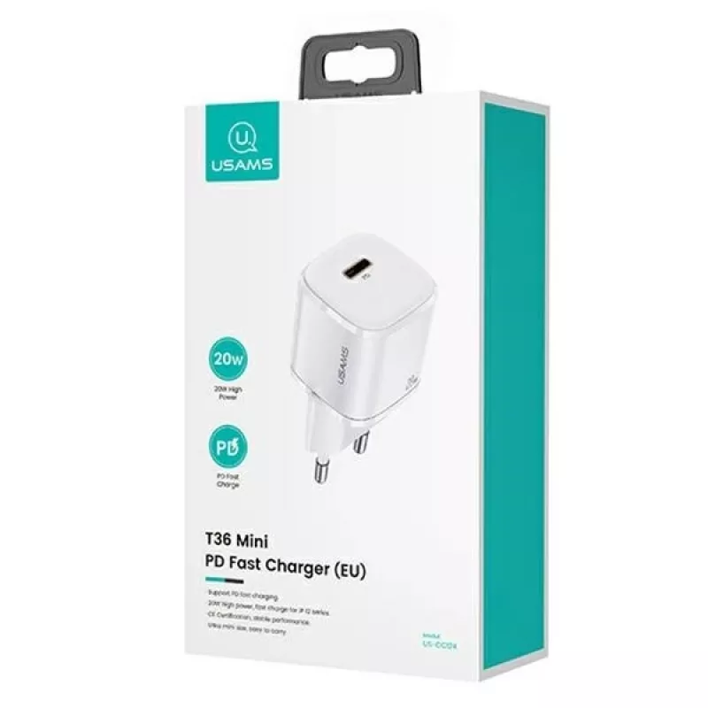 USAMS T36 mini USB-C netvoeding, 20 W, PD 3.0, met 1 m USB-C-naar-Lightning-kabel