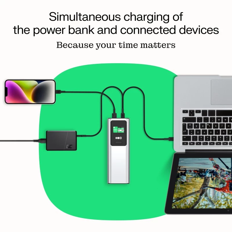 Draagbare batterij Green Cell PBGC25UD, 25200 mAh, Li‑ion, 140 W totaalvermogen, 2× USB‑C + 1× USB‑A, OLED-display, aluminium behuizing