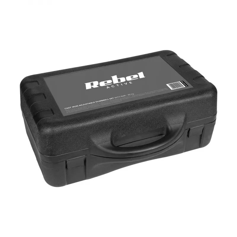 REBEL ACTIVE verstelbare halters in koffer 30 kg met stang