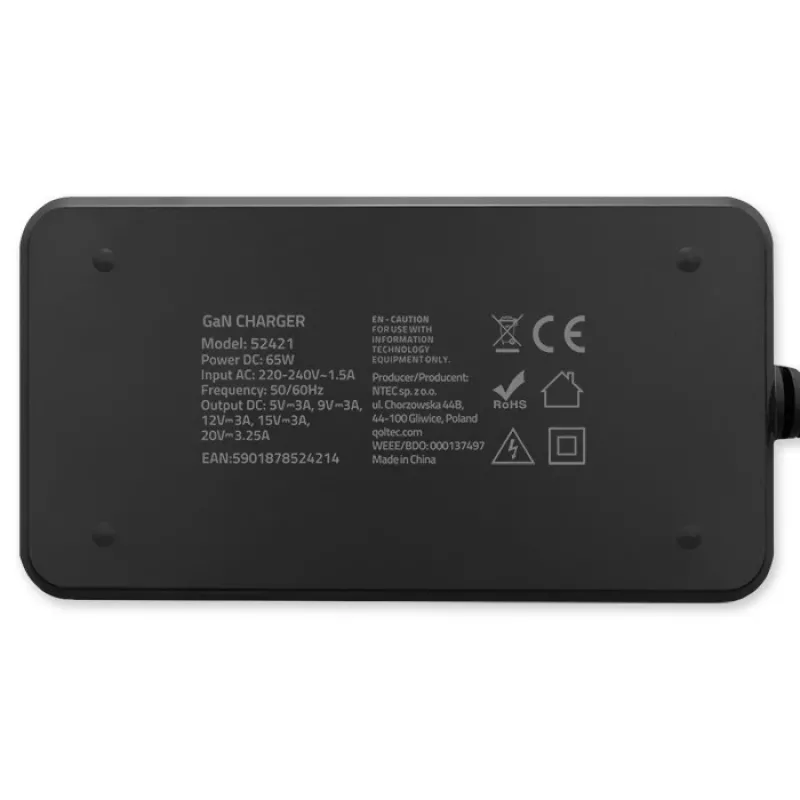 QOLTEC oplader 65W GaN Super Fast slank PD 5-20V 3,25A USB-C