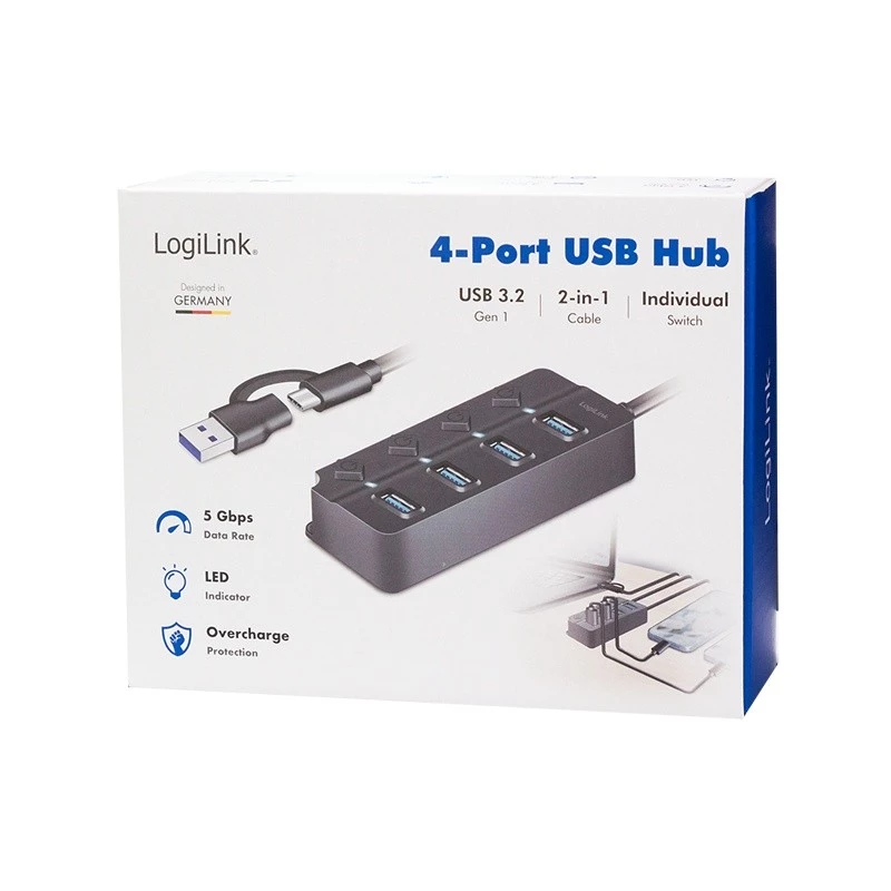 USB 3.2 Gen1-hub, 4x USB-A aan-/uitschakelaar