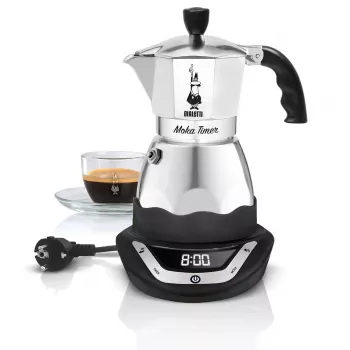 Elektrische mokakoker BIALETTI 3 kopjes Moka Timer, programmeerbaar LED-display, aluminium behuizing, kanreservoir