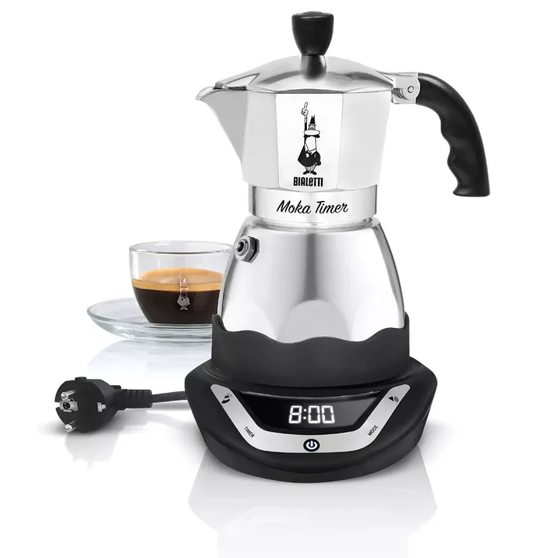 Elektrische mokakoker BIALETTI 3 kopjes Moka Timer, programmeerbaar LED-display, aluminium behuizing, kanreservoir