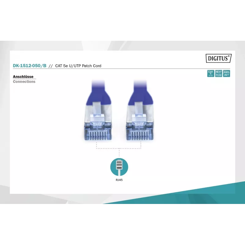 Netwerk-patchkabel DIGITUS Digitus CAT 5e U/UTP-patchkabel, 5 m, U/UTP, RJ-45 – blauw