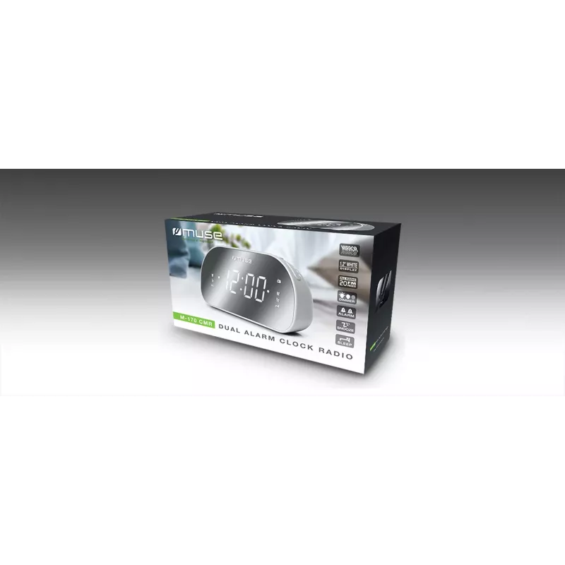 Klokradio Muse M-170CMR — digitale klokradio, 1,2 inch led-display, FM, AC 230V, AAA-back-up, spiegel/wit