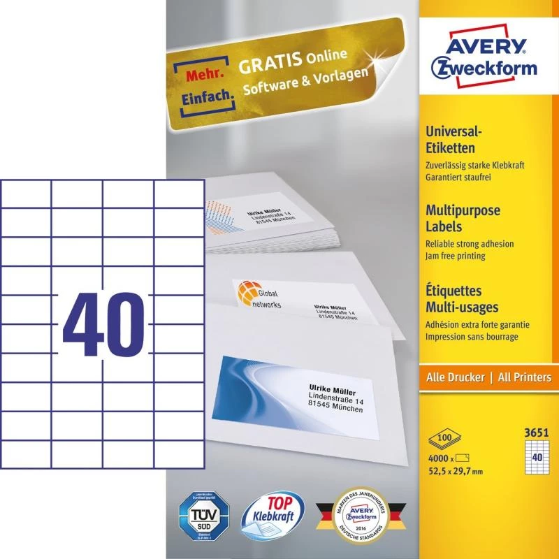 Avery Zweckform 3651 universele etiketten 52,5 x 29,7 mm 100 vel wit
