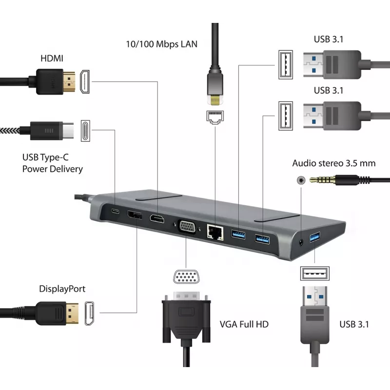 Laptop-dock Gembird A-CM-COMBO9-02 USB 3.2 Gen 1 Type-C, HDMI, VGA, 3×USB-A, Gigabit Ethernet, 87W PD, grijs