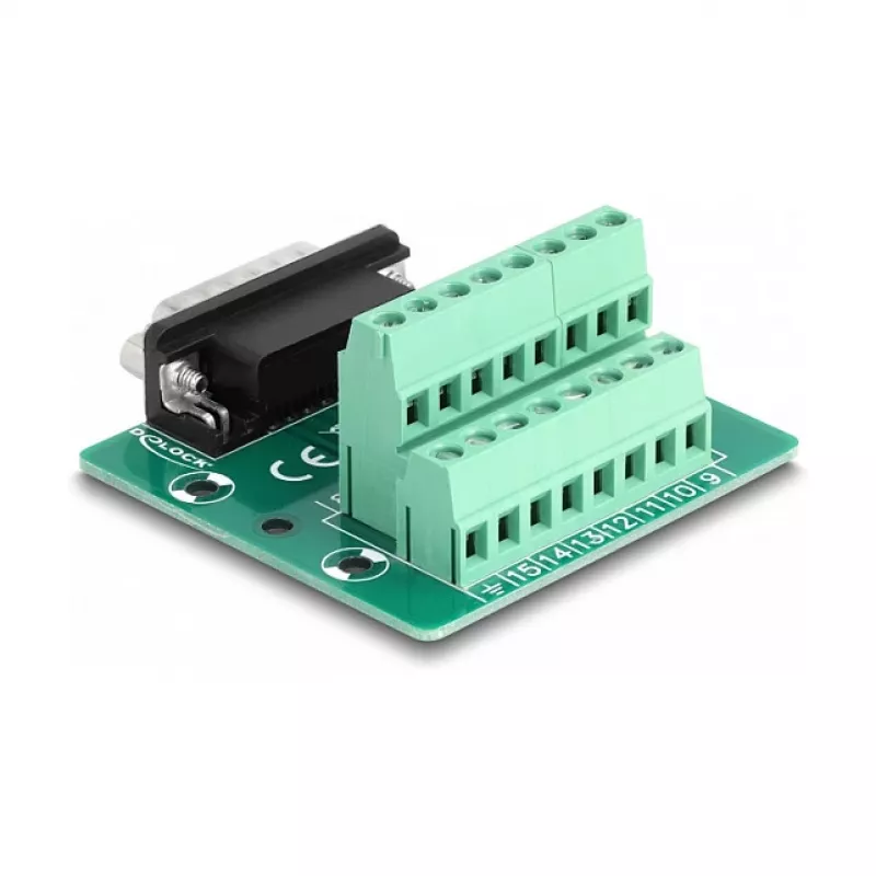 DeLOCK 66909 D-Sub 15-pins stekker naar 16-pins klemmenblok adapter voor DIN-rail