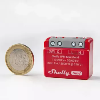 Smart-schakelaar Shelly 1PM Mini Gen4, draadloos 110–240 V AC, max. 8 A / 2000 W, kunststof behuizing 34×16×29 mm