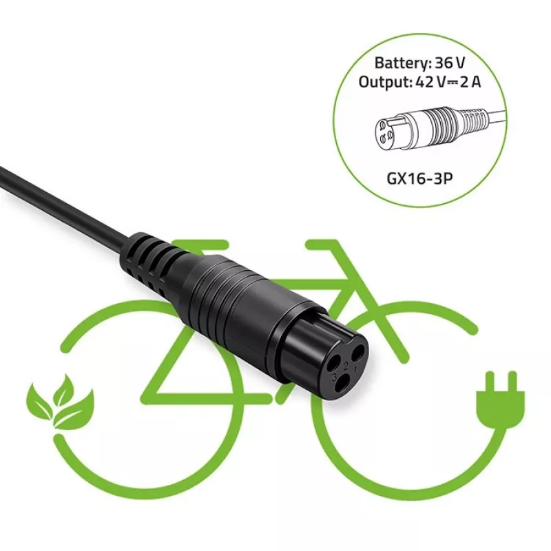 Accuoplader QOLTEC oplader voor e-bike 36V 42V 2A 3P GX16
