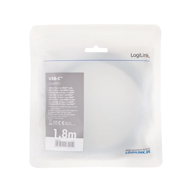 LogiLink CUA0101 USB 3.2 Gen1 Type-C naar HDMI-A kabel 1,8 m zwart grijs