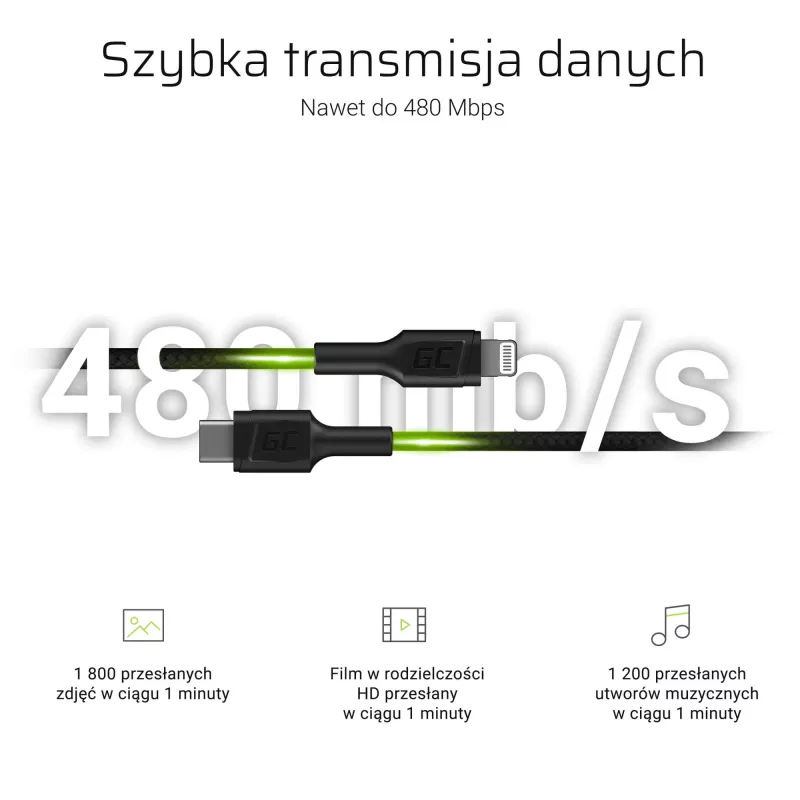 Green Cell PowerStream KABGC07 USB-C-naar-Lightning-kabel, 1 m, PD, Apple MFi, zwart