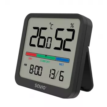 Binnenruimte temperatuur- en vochtigheidssensor SAVIO CT-01/B vrijstaand, LCD, -10–55 °C, 10–99 % rv, CR2032