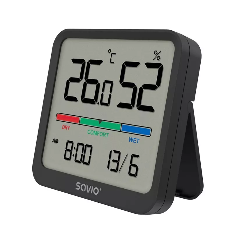 Savio CT-01/B draadloze temperatuur- en vochtigheidssensor voor binnen, LCD, klok, datum, magnetische houder, zwart