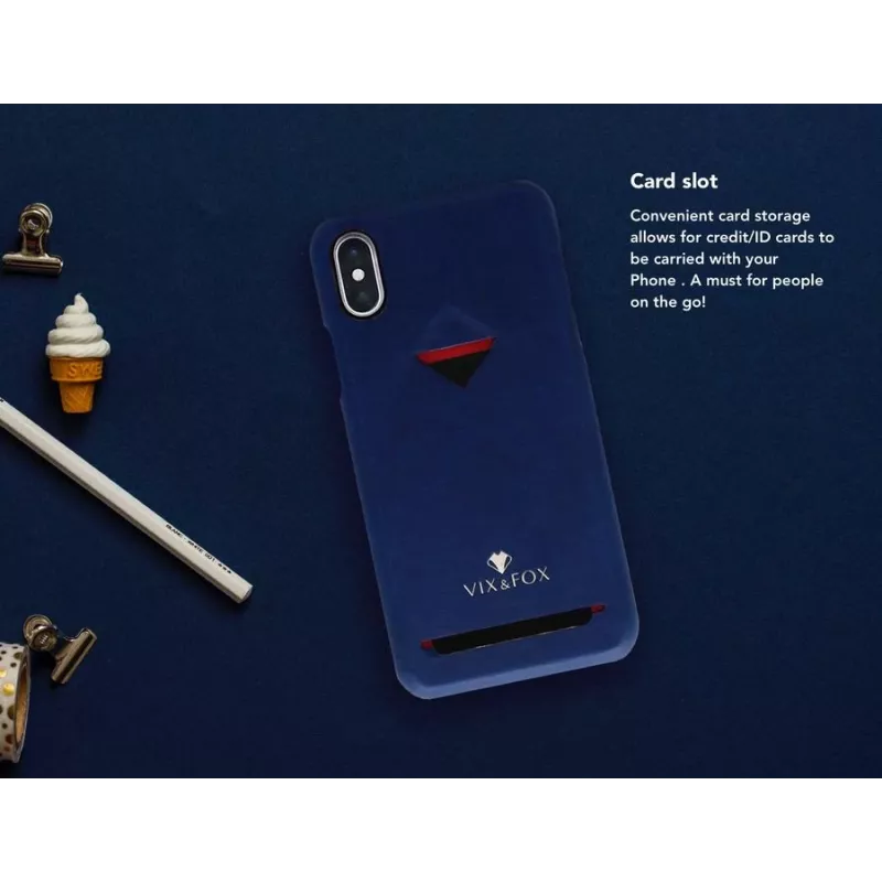 Kaarthouder-achterkant VixFox voor iPhone XSMAX, marineblauw, achterklep met geïntegreerde kaarthouder