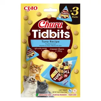 Natrivoedsel-snack voor katten INABA Cat Churu Tidbits tonijnrecept — 3 x 12 g zakjes