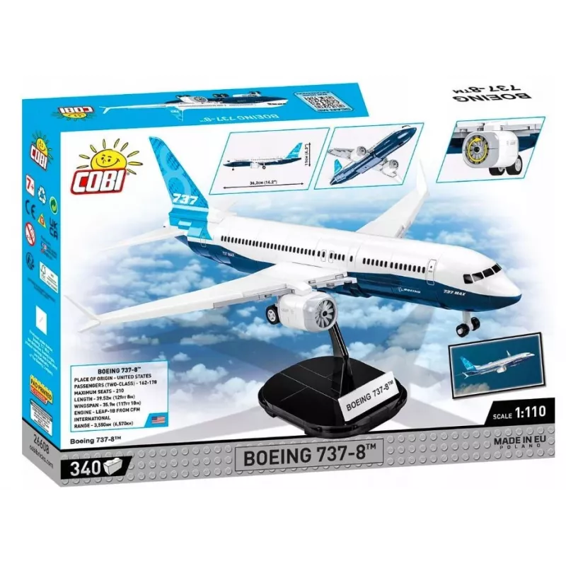 Bouwset Cobi Boeing 737-8 — 340 stukjes, aanbevolen leeftijd 7+, blauw en wit